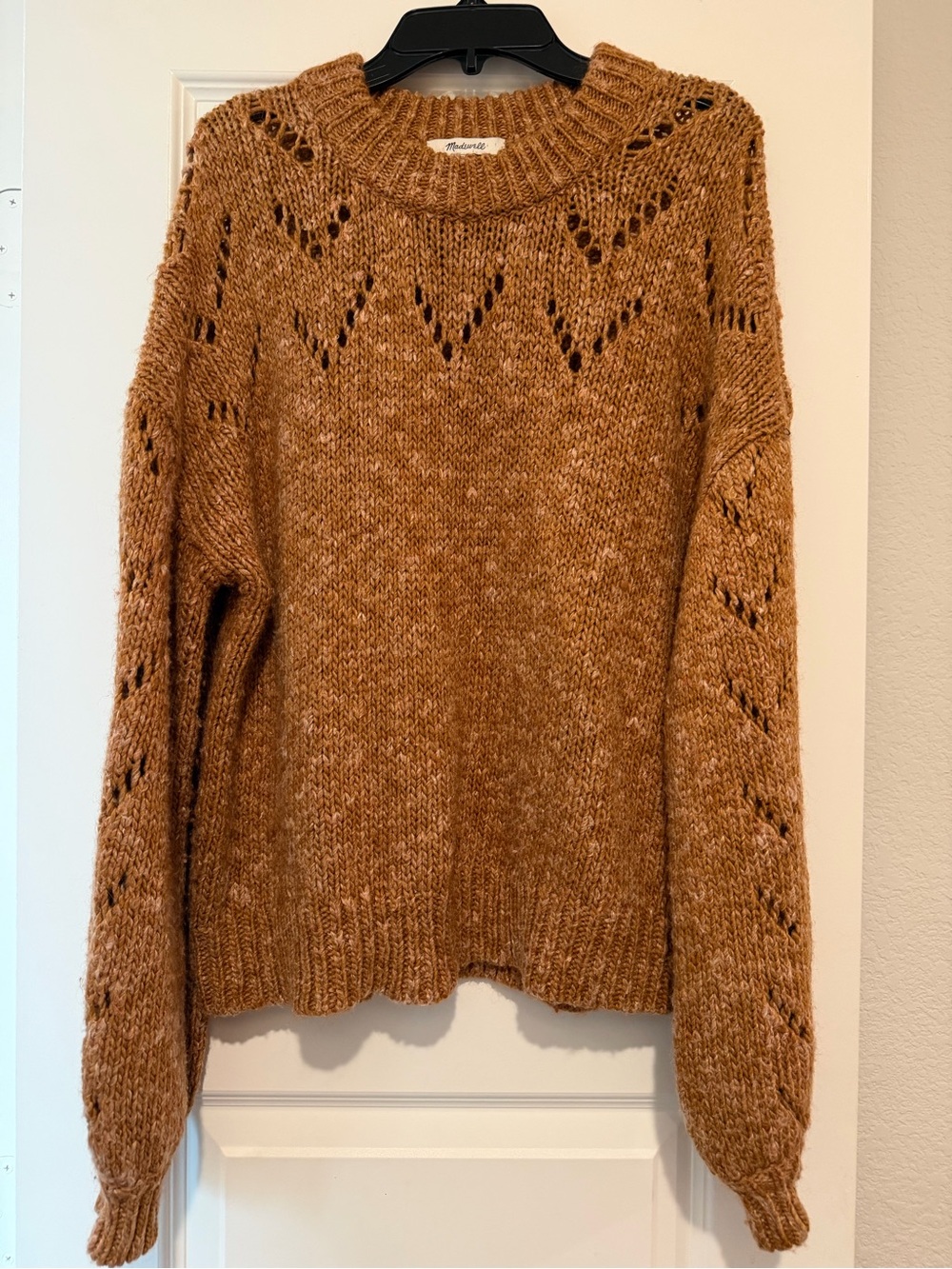 Madewell M Pointelle Bubble Sleeve Sweater Marled Acorn Wool Blend